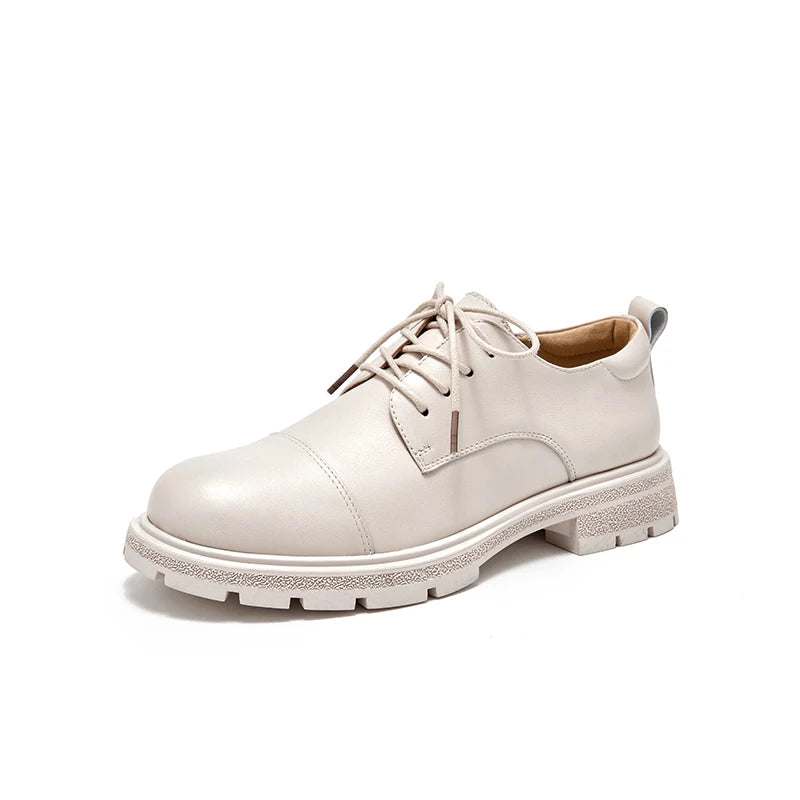 BEAUTODAY Derby Shoes Women Genuine Leather Flats Round Toe Lace Up Square Heel Female Casual Oxford Handmade 21529