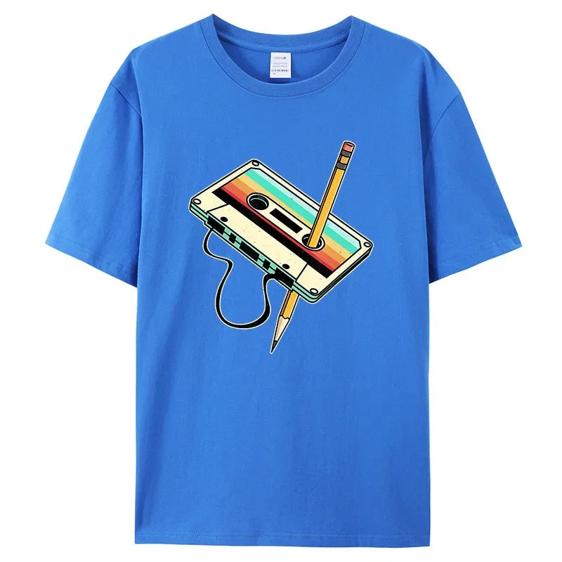 Men Short Sleeve 80s Cassette Tape Pencil 1980s Retro Vintage Throwback Music T-Shirt Women Clothing Vintage T Shirt Camisetas