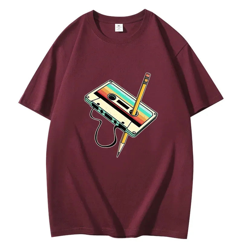 Men Short Sleeve 80s Cassette Tape Pencil 1980s Retro Vintage Throwback Music T-Shirt Women Clothing Vintage T Shirt Camisetas