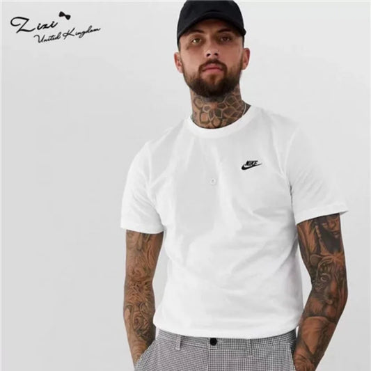 Nike Men's and Women's Exercise T-shirts, Cotton, Breathable, Loose-fit, Solid Colored, Short Sleeved Shirts, White/Black