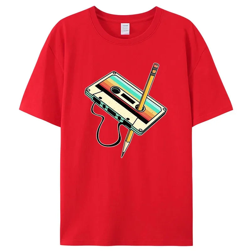 Men Short Sleeve 80s Cassette Tape Pencil 1980s Retro Vintage Throwback Music T-Shirt Women Clothing Vintage T Shirt Camisetas