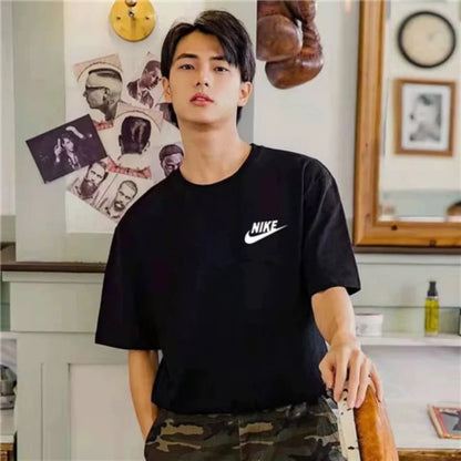 Nike Men's and Women's Exercise T-shirts, Cotton, Breathable, Loose-fit, Solid Colored, Short Sleeved Shirts, White/Black