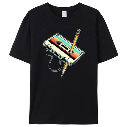 Men Short Sleeve 80s Cassette Tape Pencil 1980s Retro Vintage Throwback Music T-Shirt Women Clothing Vintage T Shirt Camisetas