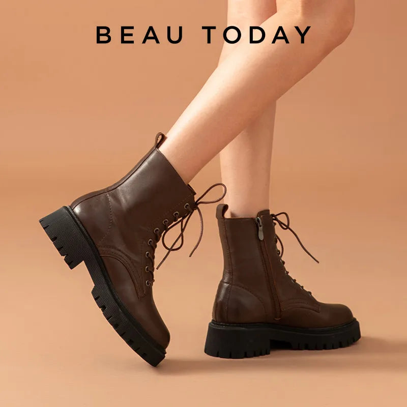 BeauToday Ankle Boots Women Winter Shoes Cow Leather Platform Boots Round Toe Zipper Thick Sole Motorcycle Bootie Coffee B04420