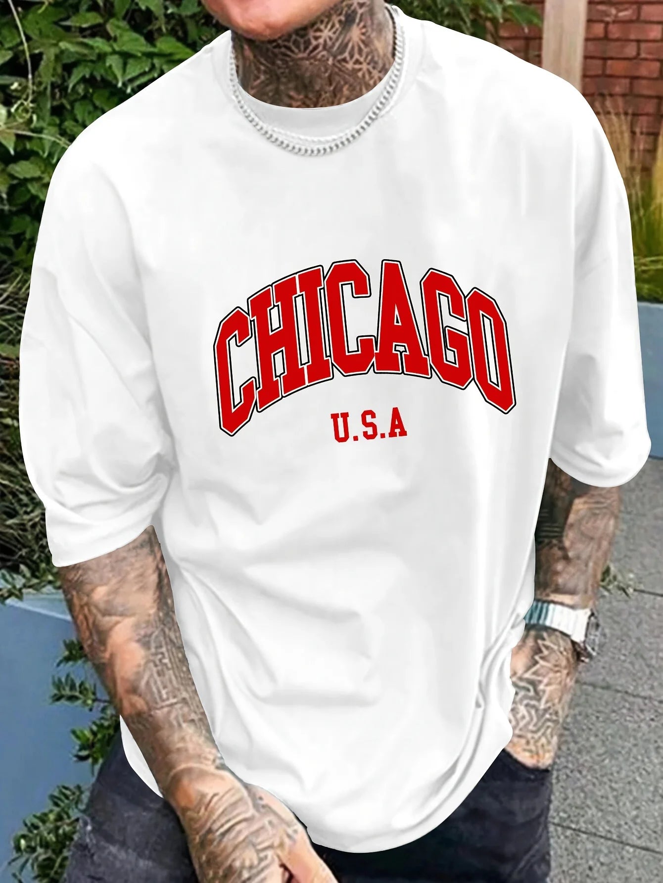 Summer men's 100% pure Polyester sports casual loose fit plus size Chicago USA printed round neck short sleeved T-shirt top