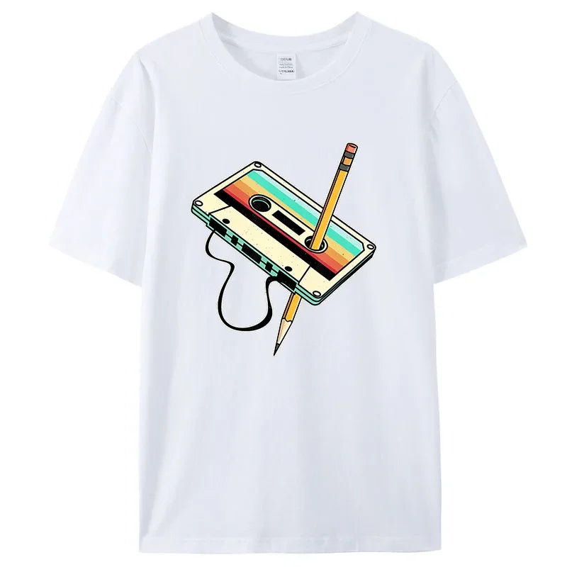 Men Short Sleeve 80s Cassette Tape Pencil 1980s Retro Vintage Throwback Music T-Shirt Women Clothing Vintage T Shirt Camisetas