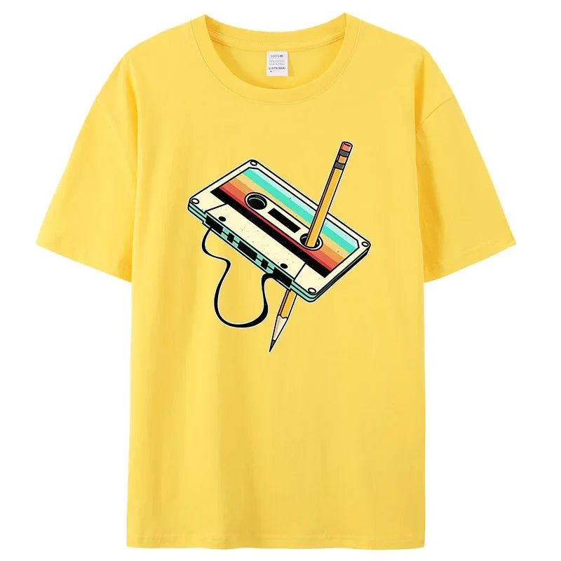 Men Short Sleeve 80s Cassette Tape Pencil 1980s Retro Vintage Throwback Music T-Shirt Women Clothing Vintage T Shirt Camisetas