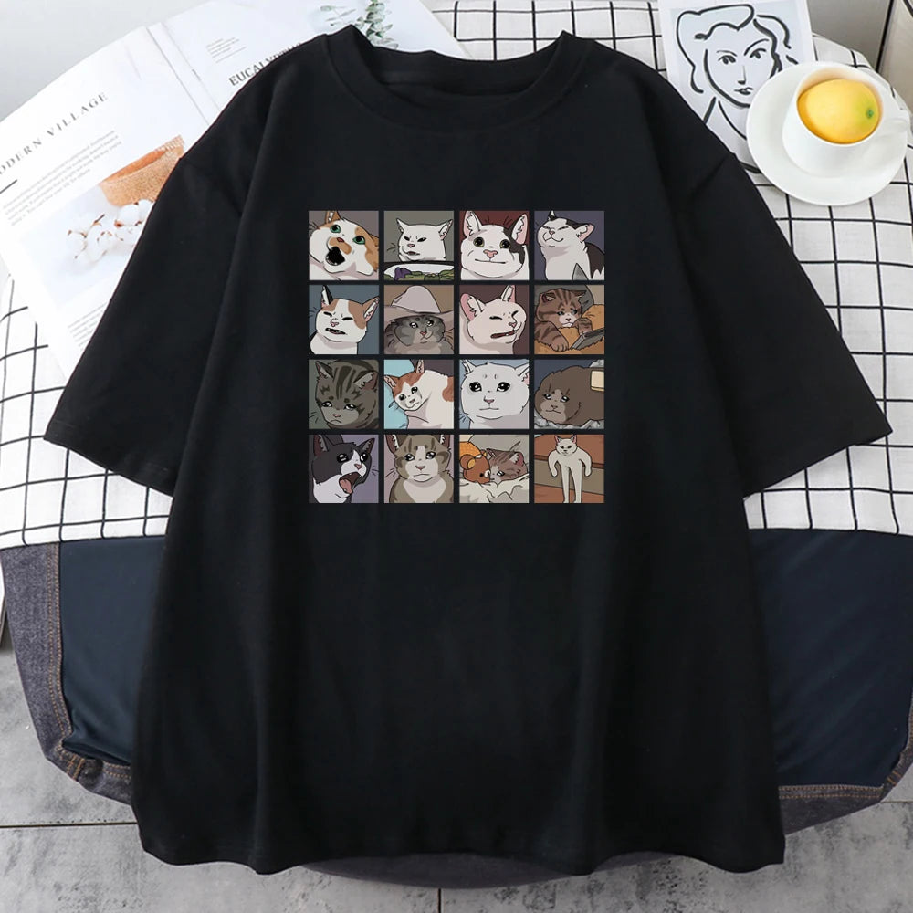 Meme Cats Puzzle Creativity Printed Men T-Shirts Beach Breathable Funny Clothing Oversize Casual Cotton Tops Mans Short Sleeve