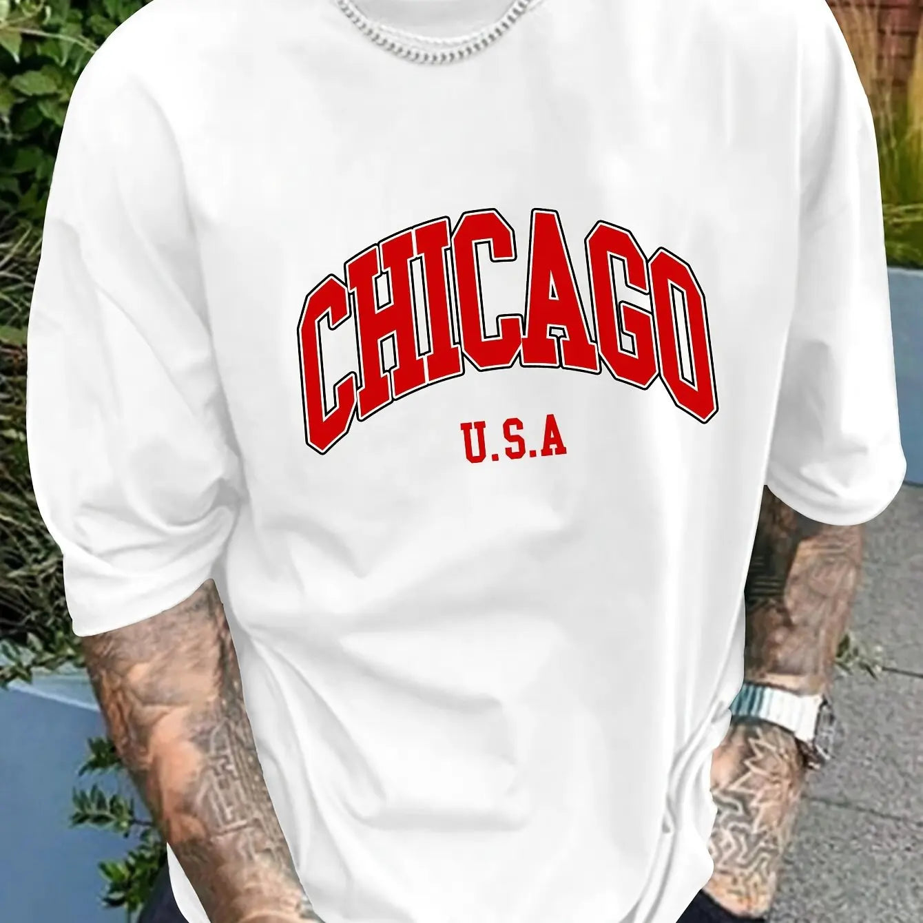 Summer men's 100% pure Polyester sports casual loose fit plus size Chicago USA printed round neck short sleeved T-shirt top