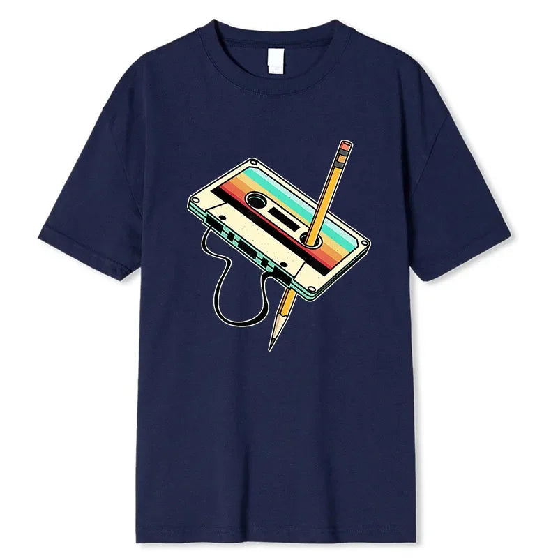 Men Short Sleeve 80s Cassette Tape Pencil 1980s Retro Vintage Throwback Music T-Shirt Women Clothing Vintage T Shirt Camisetas